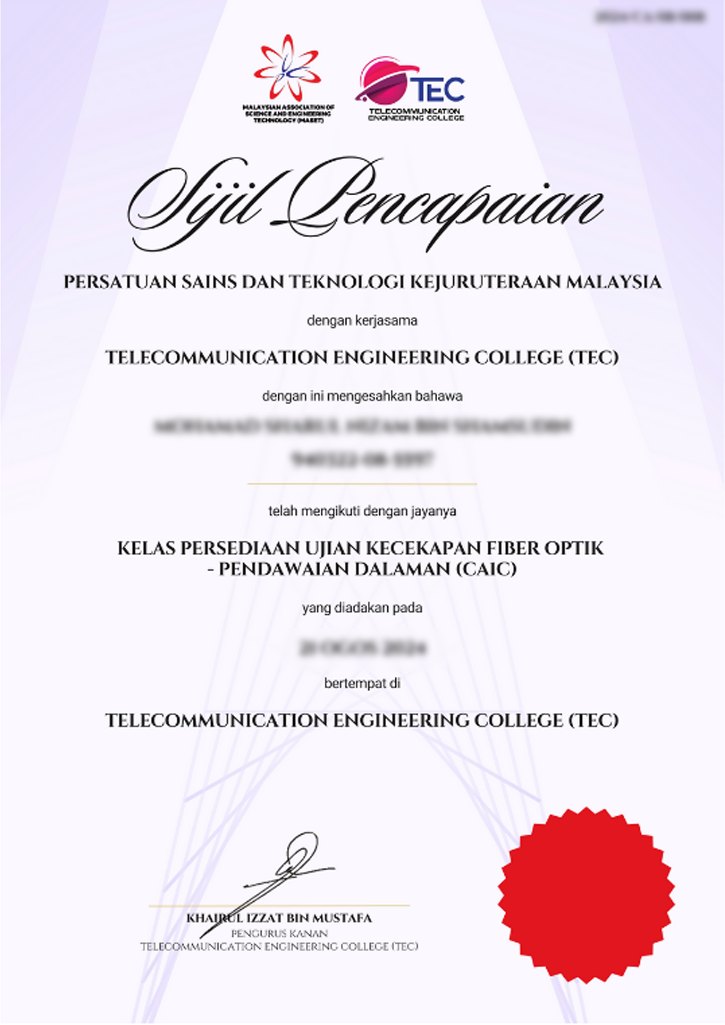 Contoh Sijil Pencapaian dengan 10 Mata CCD CA1C Certificate