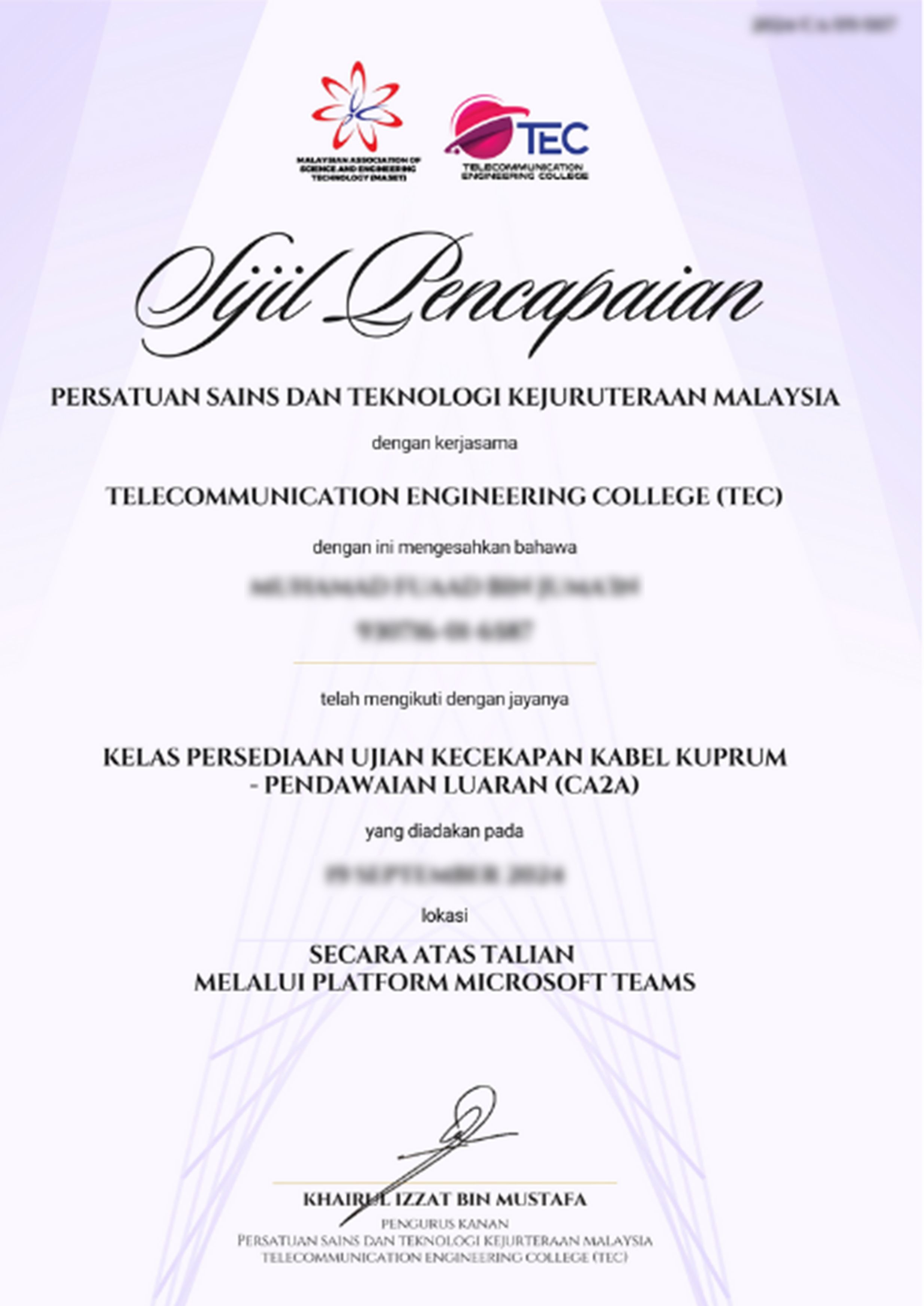 Contoh Sijil Kecekapan CA1C Certificate