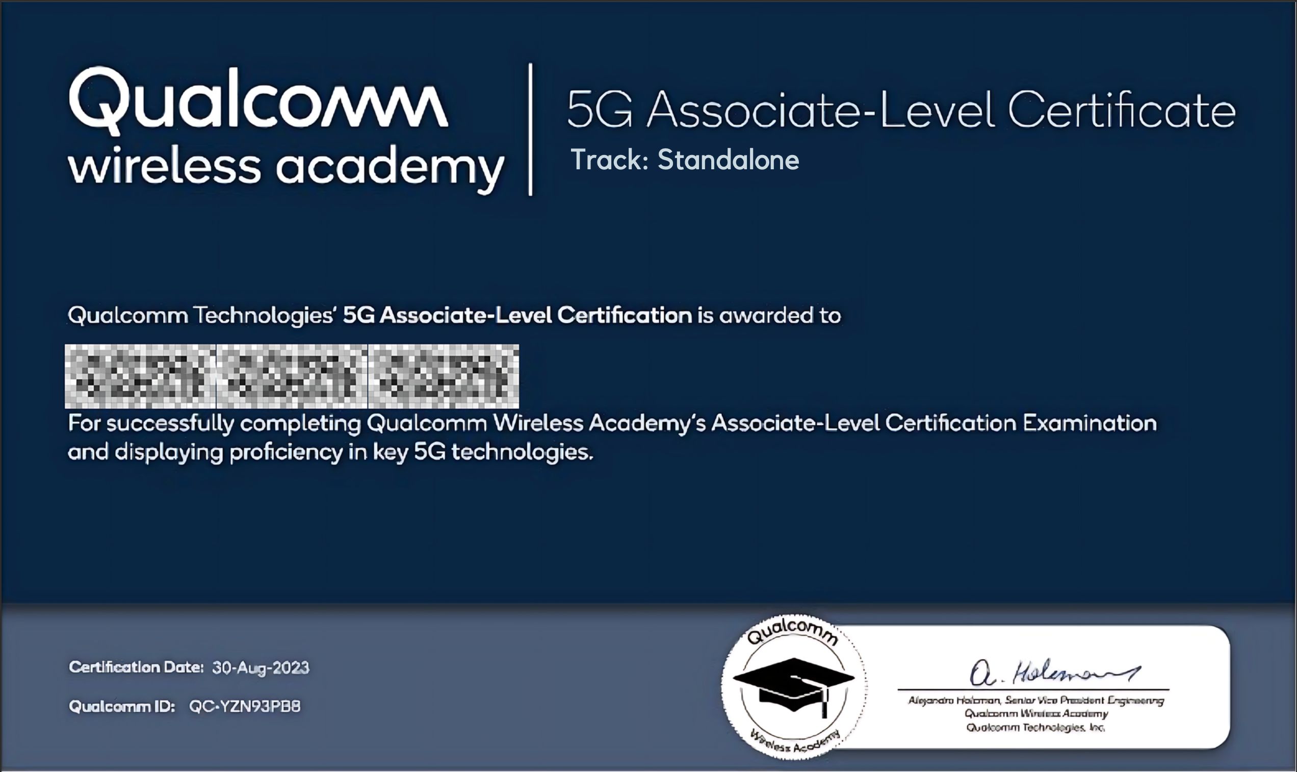 Qualcomm Academy: 5G Associate-Level Certification – Standalone (SA) Mode Certificate