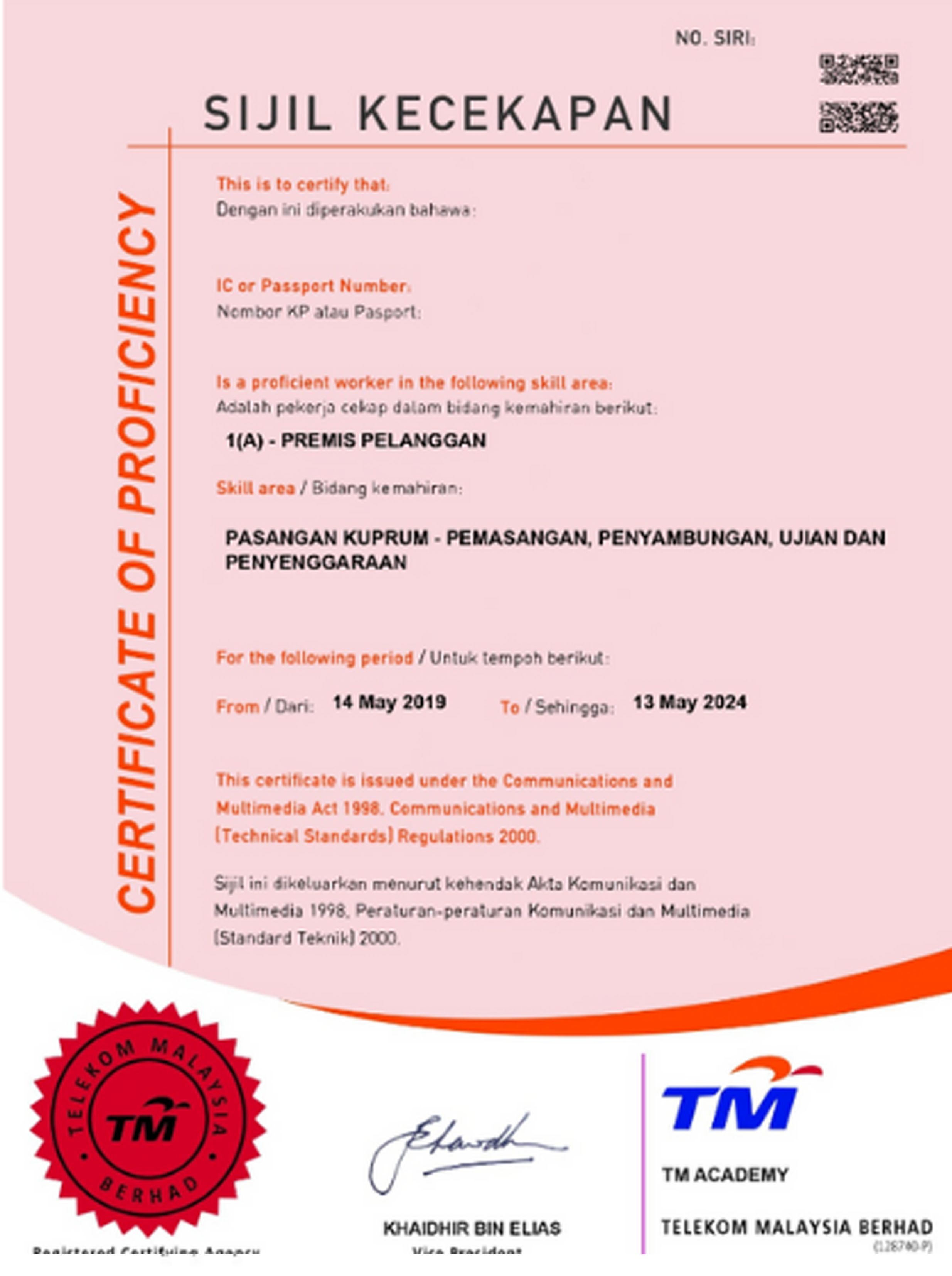 Contoh Sijil Kecekapan CA1A Certificate