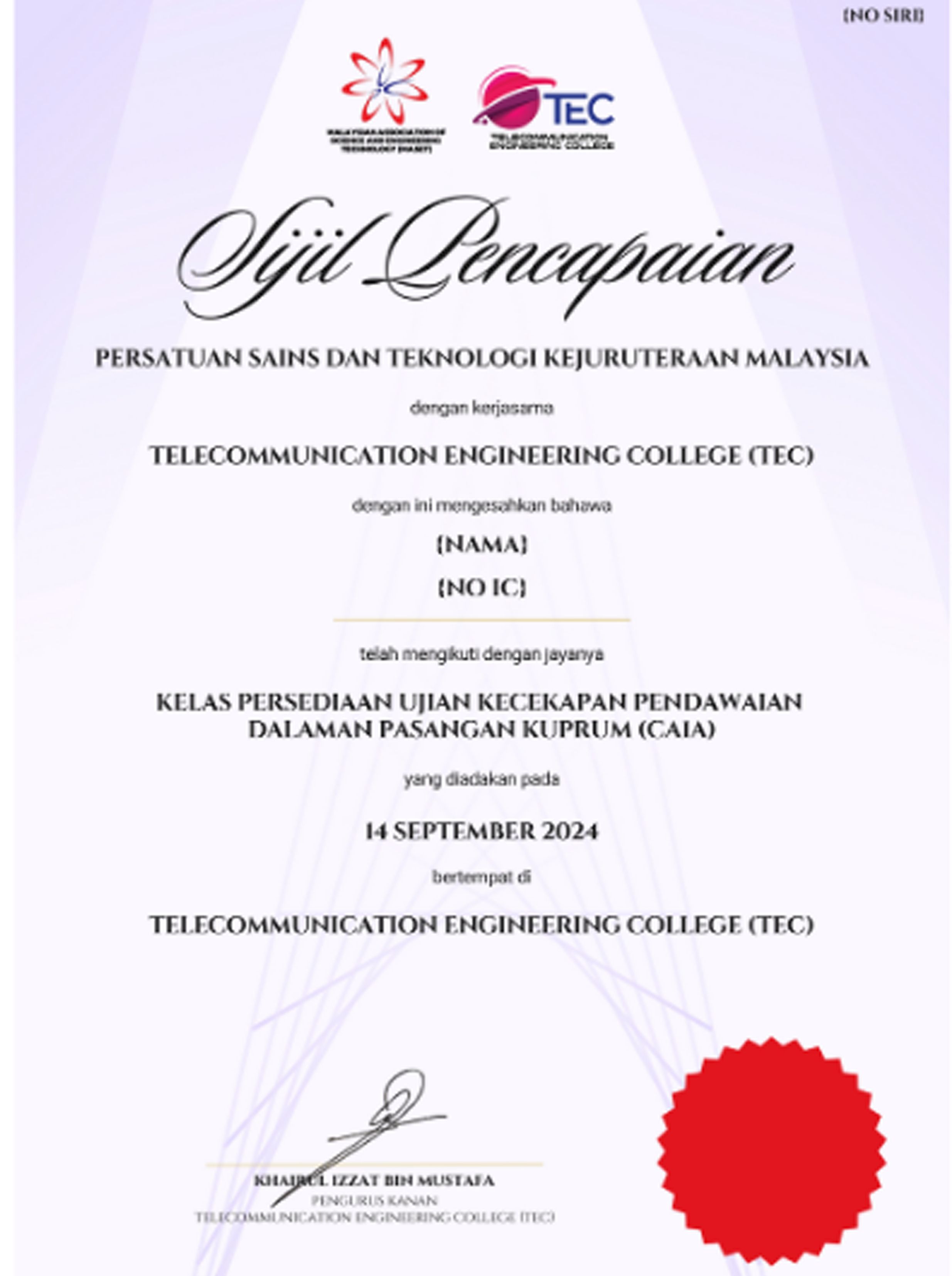 Contoh Sijil Pencapaian CA1A Certificate