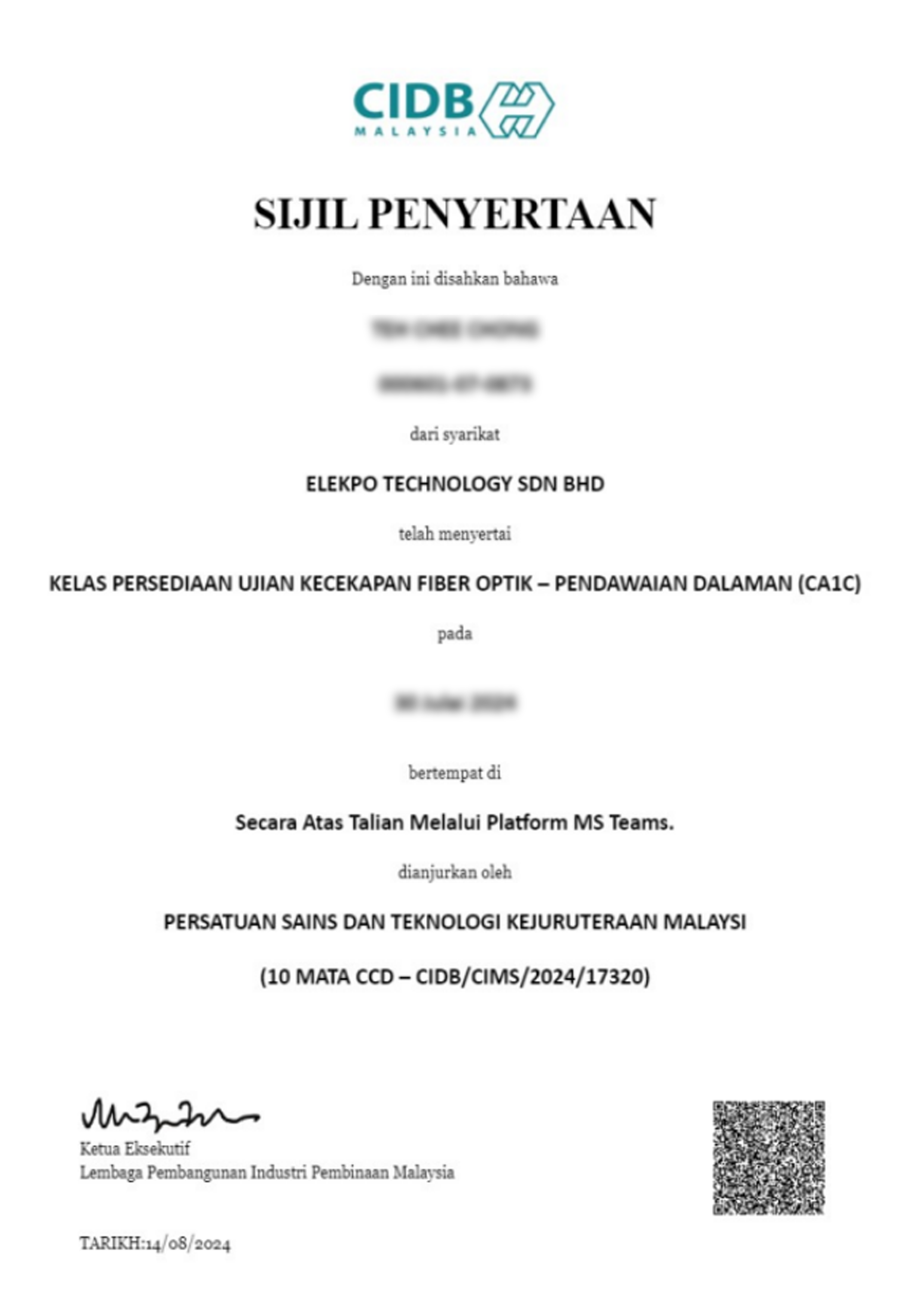 Contoh Sijil Kecekapan CA1C Certificate
