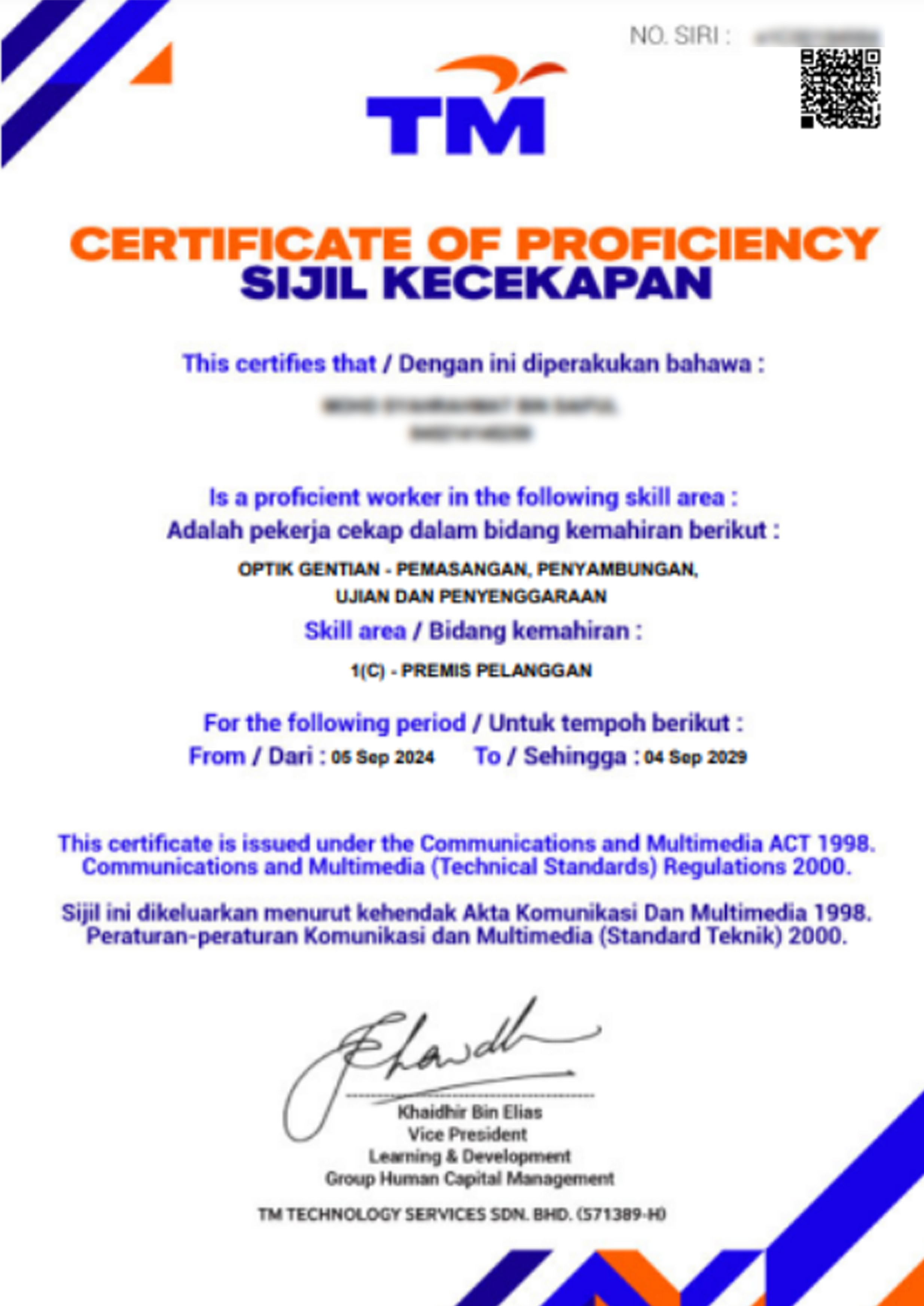 Contoh Sijil Kecekapan CA1C Certificate