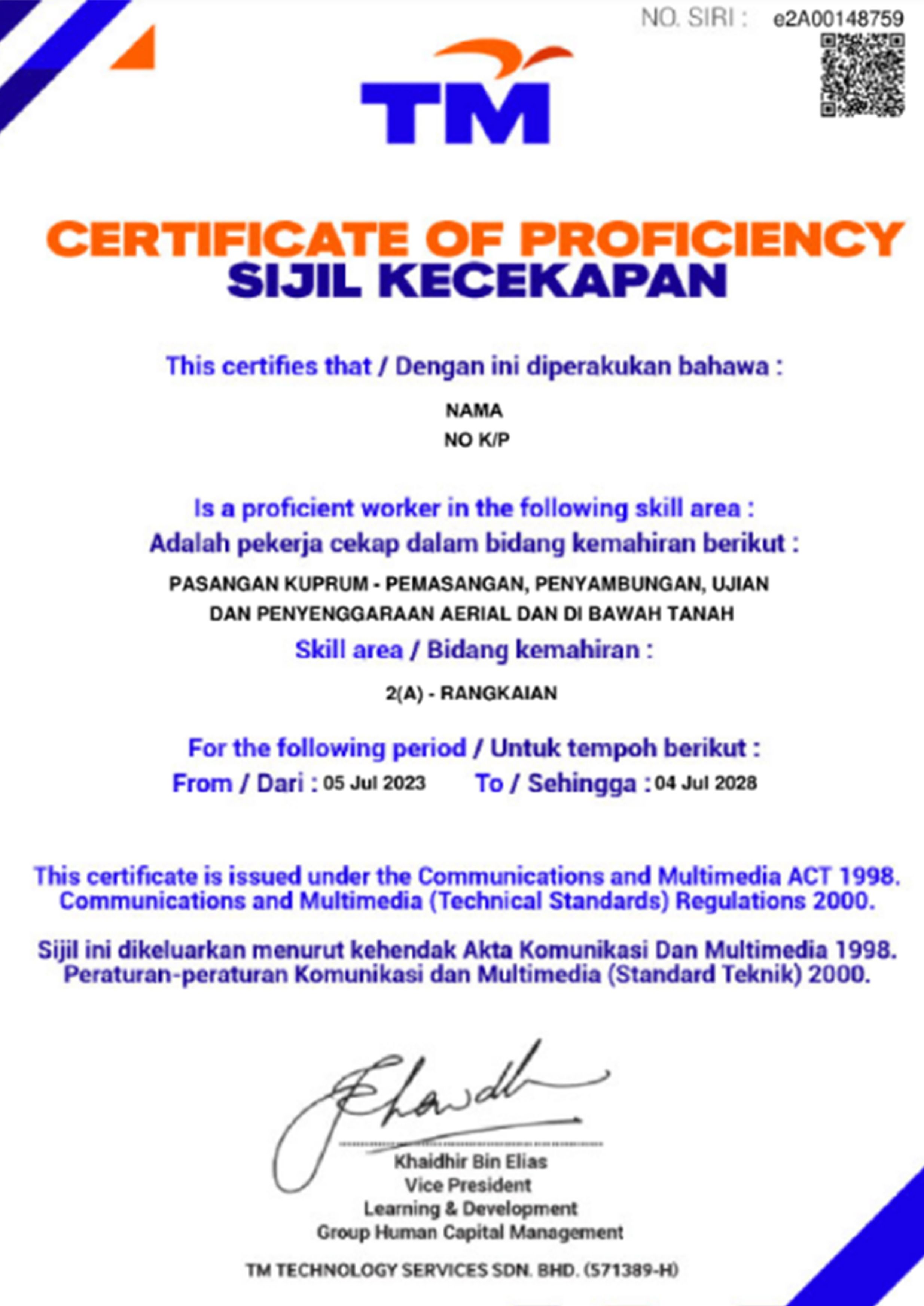 Contoh Sijil Kecekapan CA1C Certificate